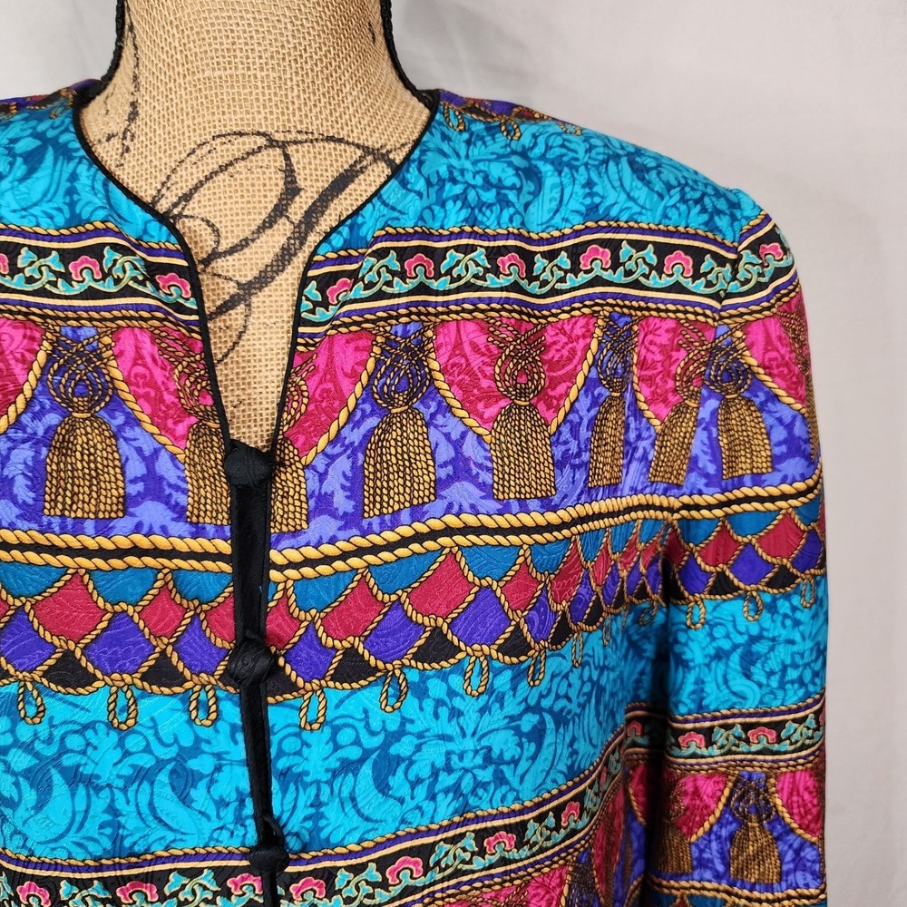 Vintage ADRIANNA PAPELL Size 12 Rope Tassel Print 100% Silk Bright Retro Blouse - Picture 3 of 12